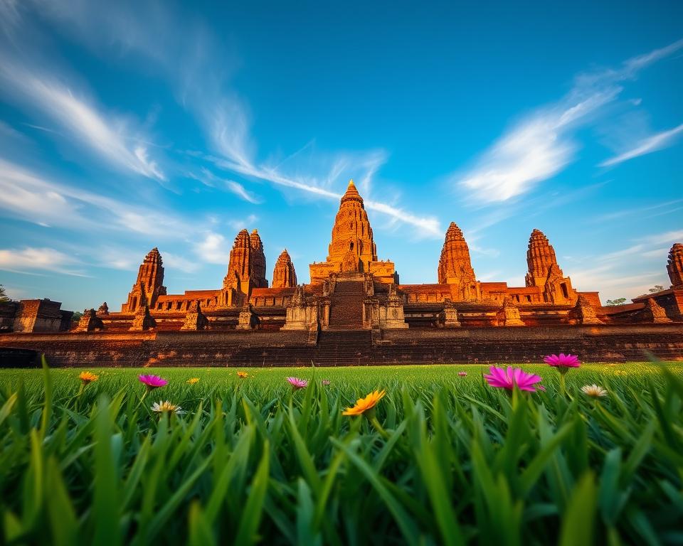 A breathtaking view of Prambanan Temple, showcasing its towering spires and intricate stone carvings. In the foreground, lush green grass covers the ground, dotted with vibrant tropical flowers. The middle ground features the majestic temple structure, illuminated by the warm golden light of a late afternoon sun, enhancing the intricate details of the stone reliefs. The background showcases a clear blue sky with wispy clouds, creating a serene atmosphere. The angle is slightly low to emphasize the grandeur of the temple against the expansive sky. Capture the mood of tranquility and awe, inviting viewers to immerse themselves in the beauty of this UNESCO World Heritage Site, set amidst the lush landscape of Java. A breathtaking view of Prambanan Temple, showcasing its towering spires and intricate stone carvings. In the foreground, lush green grass covers the ground, dotted with vibrant tropical flowers. The middle ground features the majestic temple structure, illuminated by the warm golden light of a late afternoon sun, enhancing the intricate details of the stone reliefs. The background showcases a clear blue sky with wispy clouds, creating a serene atmosphere. The angle is slightly low to emphasize the grandeur of the temple against the expansive sky. Capture the mood of tranquility and awe, inviting viewers to immerse themselves in the beauty of this UNESCO World Heritage Site, set amidst the lush landscape of Java.