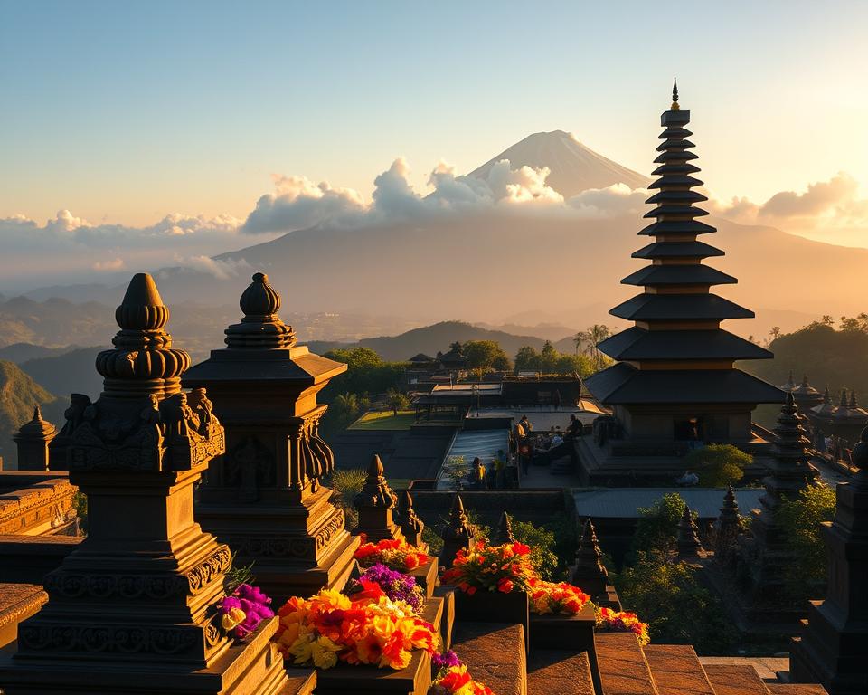 A breathtaking view of Pura Besakih Temple on the slopes of Mount Agung, the highest peak in Bali. In the foreground, intricately carved stone structures and vibrant offerings adorned with flowers, radiating tranquility and spirituality. The middle ground showcases the majestic temple complex with its tiered pagodas rising gracefully against a backdrop of lush green rice terraces. In the distance, Mount Agung looms large, partially shrouded in soft, ethereal clouds, adding to the sacred atmosphere. The lighting is warm and golden, as if captured during the golden hour just before sunset, casting long shadows and enhancing the temple's intricate details. The scene conveys a serene and spiritual mood, inviting contemplation and awe. The perspective is slightly elevated, allowing a panoramic view to encompass both the temple and the mountain.