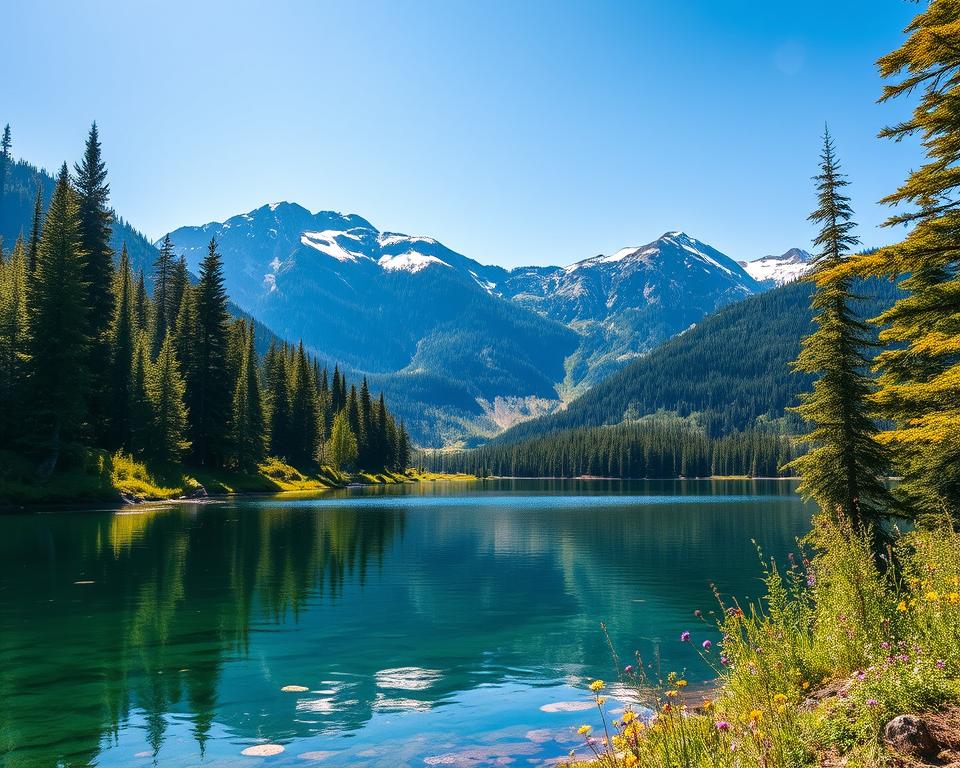 A breathtaking view of Revelstoke National Park in Canada, showcasing its stunning natural beauty. In the foreground, a serene mountain lake reflects the vibrant greenery of the surrounding pine forests under a clear blue sky. In the middle ground, majestic mountains rise, their peaks dusted with snow, contrasting against the lush wilderness. In the background, scattered wildflowers add splashes of color, while sunlight filters through the trees, creating dappled shadows on the ground. The atmosphere is tranquil and inviting, evoking a sense of adventure and exploration. Use soft, warm lighting to enhance the natural hues, and a wide-angle lens to capture the expansive landscape. The composition should be immersive, drawing viewers into the heart of this outdoor paradise.