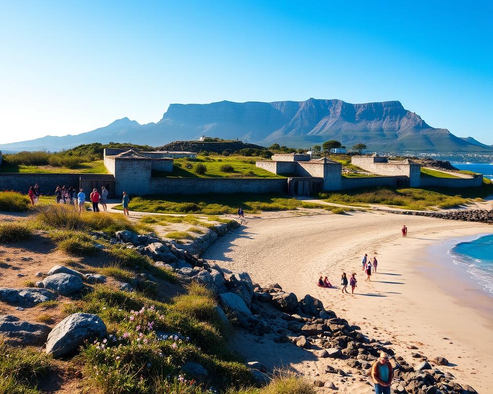 A breathtaking view of Robben Island, showcasing its historical significance and natural beauty. In the foreground, a rugged shoreline with patches of grass and coastal flowers, leading to a sandy beach where visitors enjoy the scenery, dressed in casual attire. The middle ground features the iconic prison buildings with their weathered stone walls, surrounded by lush greenery and occasional blooming wildflowers, indicative of the island's history. In the background, the majestic Table Mountain looms under a clear blue sky, casting soft shadows over the landscape. The scene is illuminated by warm, golden sunlight, creating a serene atmosphere that invites exploration and reflection. A wide-angle shot captures both the grandeur and the intimate details of this significant site.