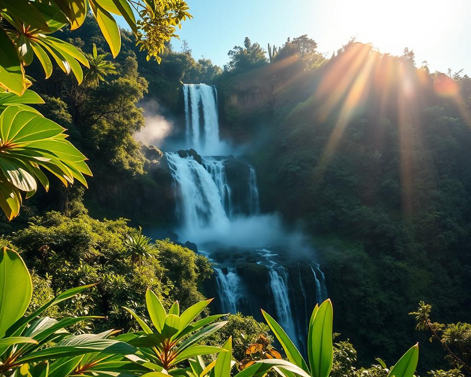 A breathtaking view of Sekumpul Waterfall in Bali, Indonesia, capturing the majestic beauty of the cascading waters plunging down lush green cliffs. In the foreground, vibrant tropical foliage frames the scene, with glistening droplets of water catching the sunlight. The middle ground features the powerful waterfalls, surrounded by rich, dense greenery, emphasizing the sound of rushing water. In the background, mist rises from the falls, merging with the clear blue sky. The scene is illuminated by warm, golden sunlight streaming through the trees, creating a serene and tranquil atmosphere. The angle is slightly elevated, showcasing both the grandeur of the falls and the vibrant, untouched landscape surrounding them, inviting viewers to immerse themselves in this natural paradise.