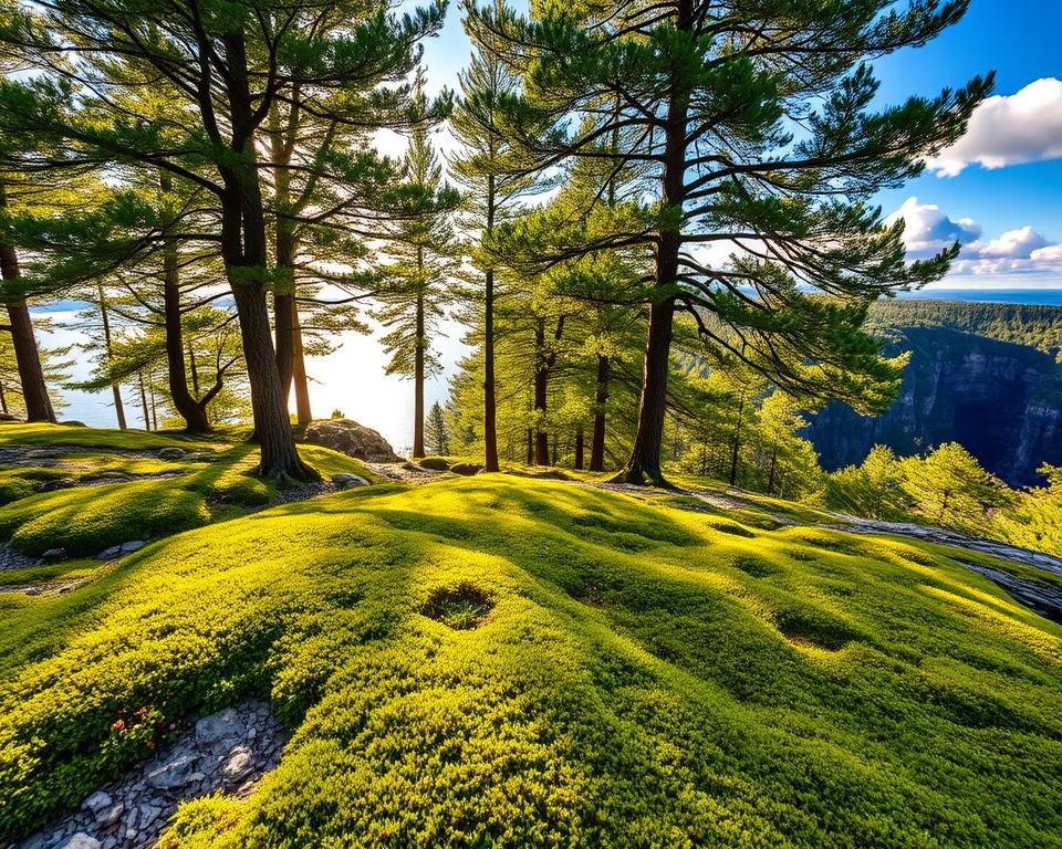 A breathtaking view of Skuleskogen National Park in Sweden, emphasizing its lush, diverse flora and stunning natural landscapes. In the foreground, vibrant green moss carpets the rocky ground, interspersed with small wildflowers. The middle ground showcases towering trees, their leaves a kaleidoscope of green hues, forming a dense canopy that filters soft, golden sunlight. Vistas of rugged cliffs and the vast calm sea are visible in the background, under a clear blue sky with fluffy white clouds. The scene evokes serenity and respect for nature, perfect for illustrating sustainable travel and conservation. The lighting is warm and inviting, casting playful shadows on the ground. Use a wide-angle lens to capture the expansive beauty, highlighting the untouched wilderness and promoting a sense of awe and responsibility towards the environment.