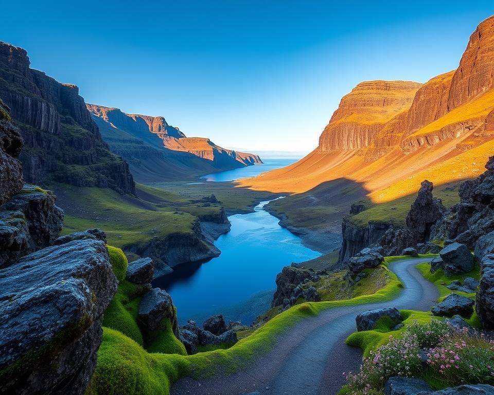 A breathtaking view of Thingvellir National Park, showcasing its unique geological features and rich history. In the foreground, the rift valley is highlighted by stunning rock formations and vibrant green moss, with a clear, winding pathway inviting exploration. The middle ground features the crystal-clear waters of the Silfra fissure, reflecting the blue sky and dramatic cliffs. In the background, the imposing rift walls rise majestically, adorned with patches of wildflowers under the gentle sunlight. The atmosphere is peaceful yet awe-inspiring, capturing the essence of Iceland's natural beauty. The lighting is soft and warm, casting long shadows that add depth. The scene is framed from a slightly elevated angle, emphasizing the vastness of the park and creating a sense of wonder.