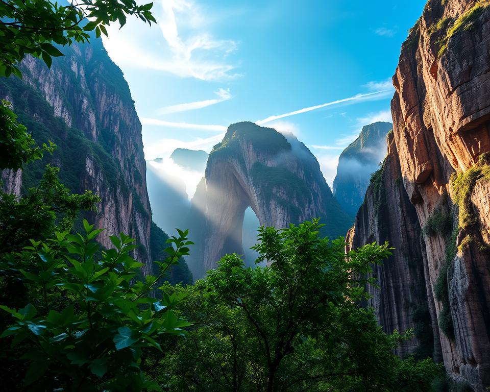 A breathtaking view of Tianmen Cave, also known as the "Heaven's Gate," set against the stunning backdrop of Tianmen Mountain. In the foreground, lush green foliage frames the natural archway, while the rocky cliffs rise majestically on either side. The midground features the iconic passage of Tianmen Cave, soaring high with its sheer stone walls illuminated by soft, golden sunlight filtering through mist. In the background, towering peaks stretch into the blue sky, with wisps of clouds creating an ethereal atmosphere. The scene conveys a sense of wonder and majesty, with a tranquil, almost spiritual mood. The composition is captured at a slightly elevated angle, enhancing the grandeur of the cave and surrounding landscape.
