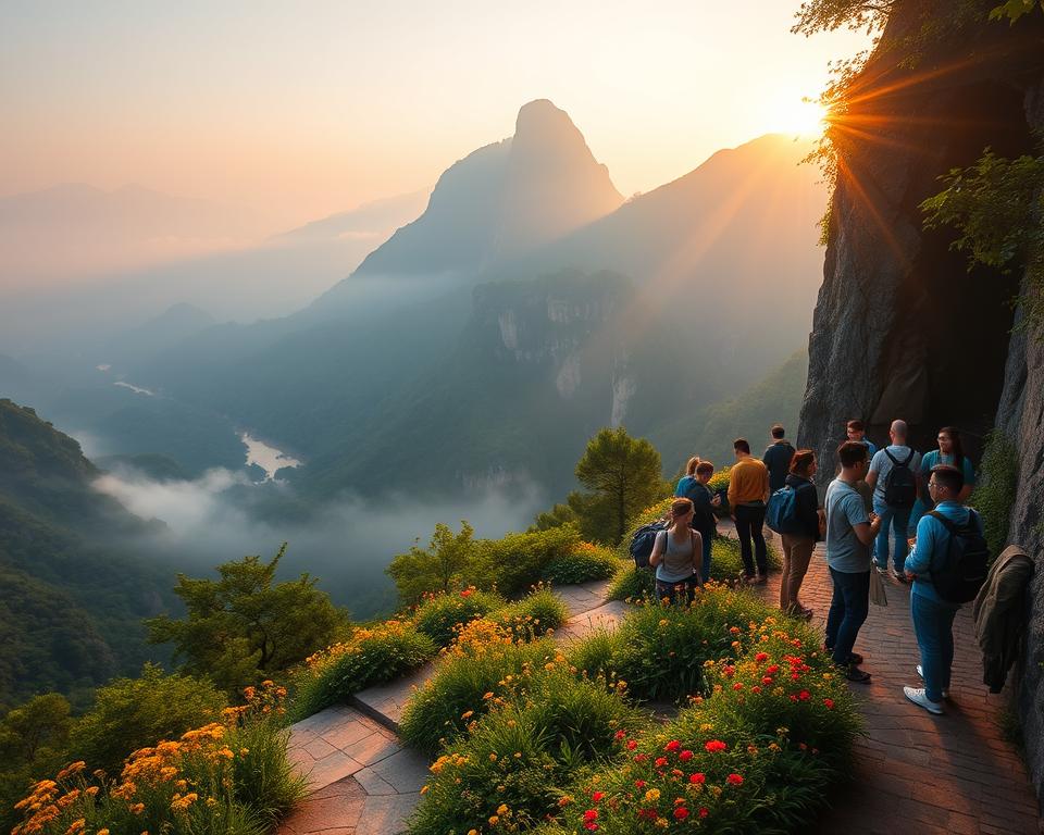 A breathtaking view of Tianmen Mountain at sunrise, showcasing the iconic Tianmen Cave and lush green landscapes. In the foreground, a well-maintained hiking trail winds its way through vibrant wildflowers, inviting explorers. The middle ground features tourists in casual, modest clothing, enjoying the scenery, some taking photographs, reflecting a sense of adventure. The background captures the majestic peaks of Tianmen Mountain, shrouded slightly in ethereal mist, with soft golden rays of sunlight cutting through, illuminating the mountain's distinct formations. The atmosphere is one of tranquility and excitement, inviting visitors to embrace the wonders of nature. Soft focus on the surrounding foliage enhances the dreamlike quality of the scene, while a wide-angle perspective encapsulates the grandeur of the landscape.