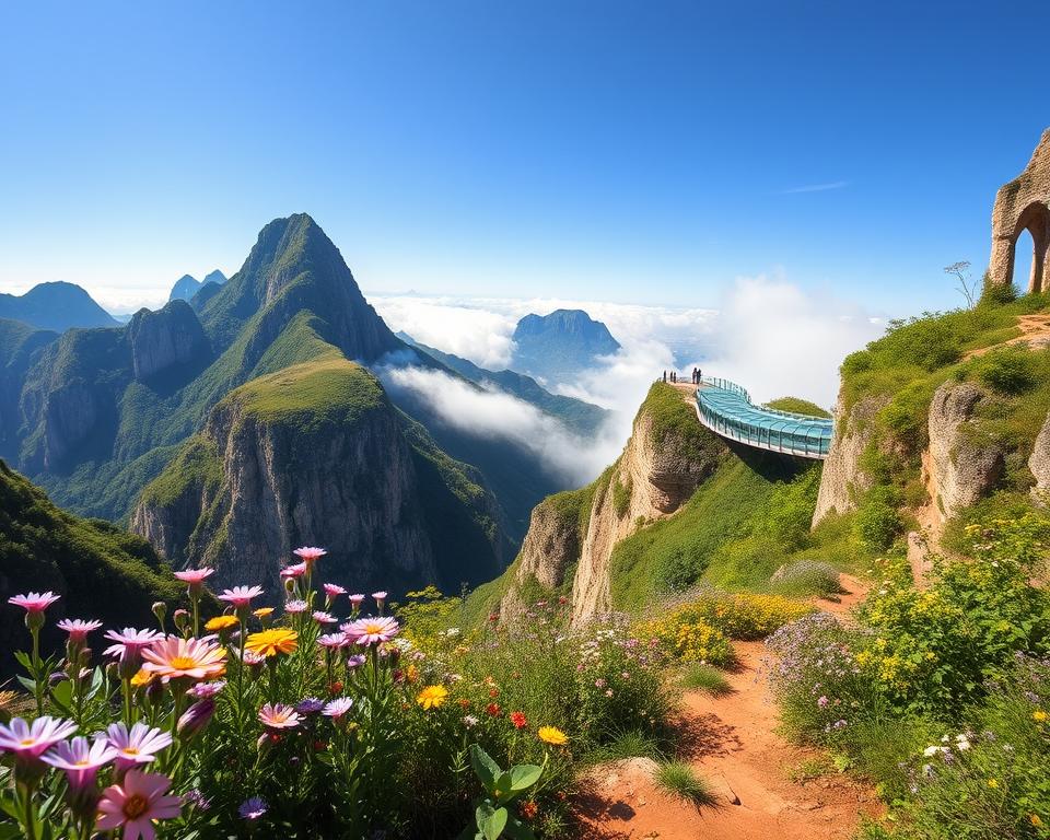 A breathtaking view of Tianmen Mountain during the best travel season, showcasing its iconic natural beauty. In the foreground, vibrant wildflowers bloom along the rugged mountain trail, while a clear blue sky and gentle sunlight illuminate the landscape. The middle ground reveals the majestic cliffs and steep lush green slopes of Tianmen Mountain, accentuated by the famous glass skywalk glimmering in the sunlight. In the background, wispy clouds float below the mountain peak, creating a surreal atmosphere. The image captures the warm mood of an ideal day for exploration, with soft sunlight casting gentle shadows, inviting viewers to experience the stunning vistas and serene environment. Opt for a wide-angle perspective to encompass the panoramic beauty of this landscape.