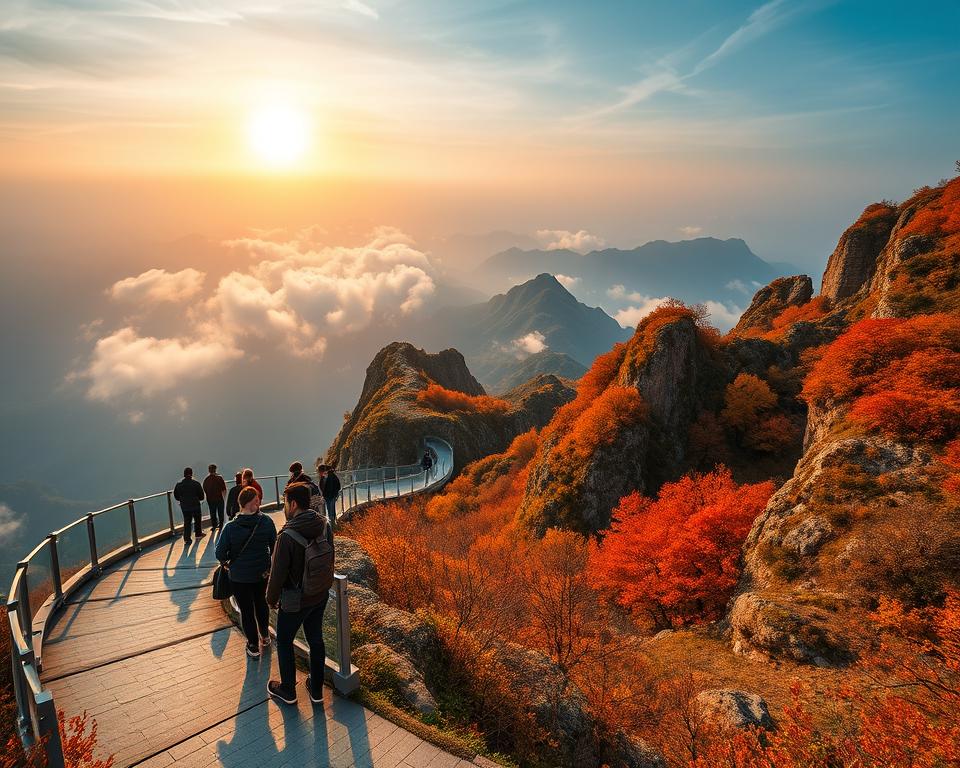 A breathtaking view of Tianmen Mountain during the peak travel season, showcasing vibrant autumn foliage in shades of orange, red, and gold. In the foreground, a winding path leads to a glass skywalk with visitors admiring the stunning scenery, dressed in casual yet modest attire. The middle ground features the majestic mountain peaks rising dramatically, shrouded in soft clouds to convey a mystical atmosphere. In the background, the sky transitions from a warm golden hour to a deep cobalt blue, illuminated by the gentle glow of the setting sun. The lighting highlights the textures of the rocky terrain while casting long shadows, evoking a sense of tranquility and awe. The overall mood should inspire wonder and encourage exploration of this natural wonder.