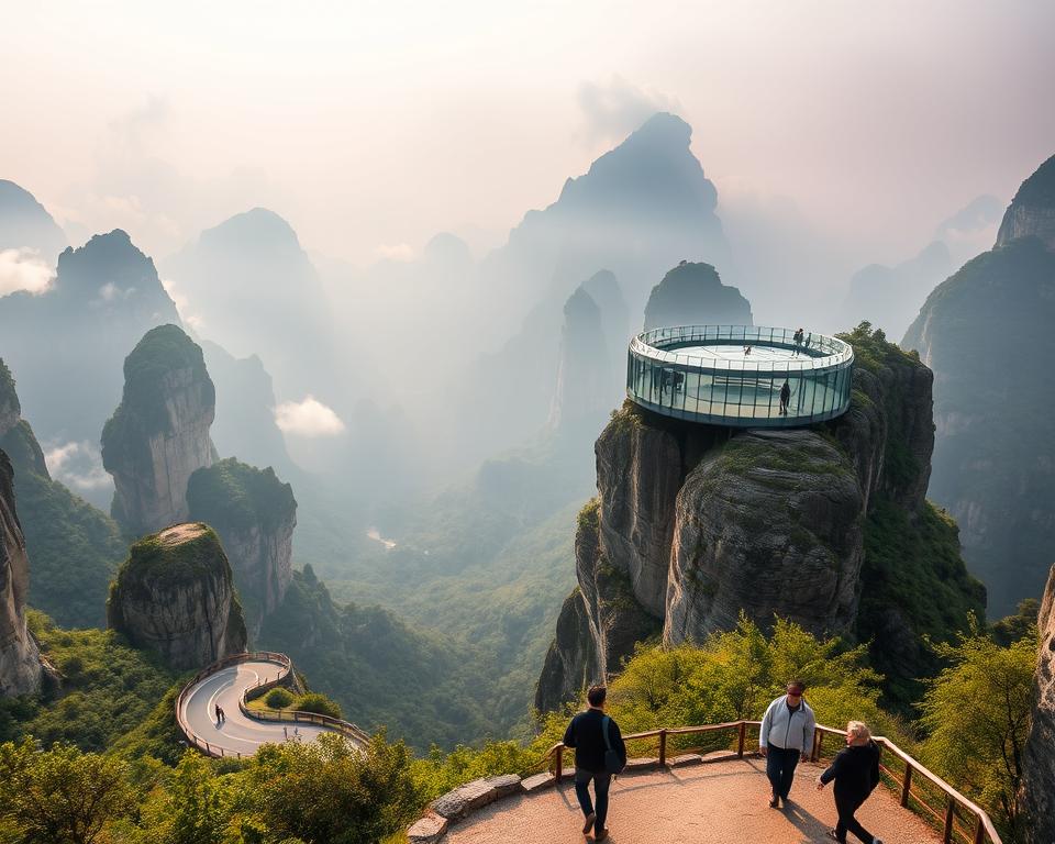A breathtaking view of Tianmen Mountain in Zhangjiajie, China, showcasing its dramatic cliffs and lush greenery. In the foreground, a winding, picturesque road leading up to the mountain with a few travelers in modest casual clothing admiring the scenery. The middle ground features a glass skywalk clinging to the mountain's edge, allowing visitors to take in the vast landscape below. The background showcases the towering peaks of Tianmen Mountain, enveloped in mist and soft sunlight breaking through the clouds, creating an ethereal atmosphere. Capture the scene from a slightly elevated angle, with warm, inviting lighting to convey a sense of adventure and wonder. The mood is tranquil yet exhilarating, inviting viewers to explore this natural marvel.