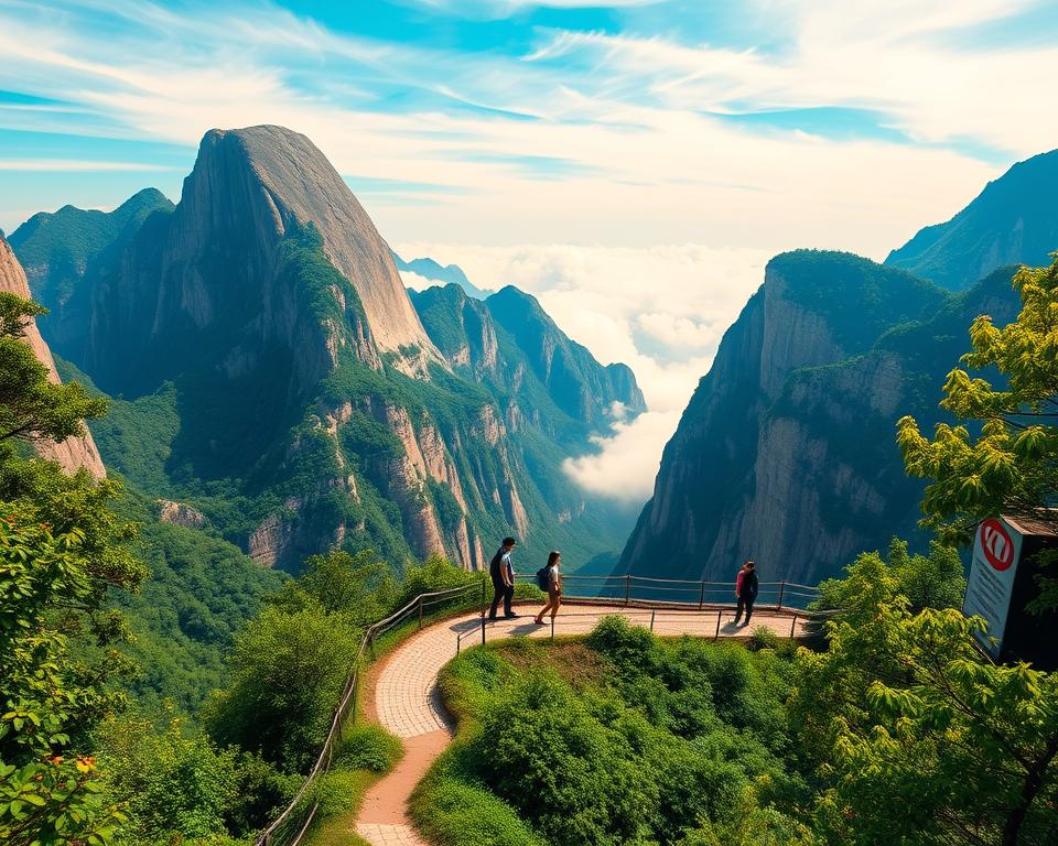 A breathtaking view of Tianmen Mountain, showcasing its dramatic cliffs and lush greenery. In the foreground, a well-marked hiking trail winds through vibrant foliage, inviting explorers to embark on their adventure. Towering above, the iconic Tianmen Mountain peaks rise majestically, their rocky faces bathed in soft morning light. The middle ground features a panoramic overlook with safety railings, where a few hikers in modest casual clothing pause to take in the scenery. In the background, wispy clouds drift through a bright blue sky, enhancing the sense of wonder and tranquility. The atmosphere is serene and inviting, evoking a sense of mystery and exploration in this natural paradise. Capture this moment with a wide-angle lens to emphasize the grandeur of the landscape and the peacefulness of the environment.