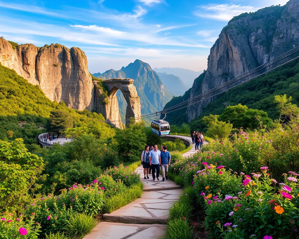 A breathtaking view of Tianmen Mountain, showcasing its iconic natural arch and steep cliffs. In the foreground, a well-marked hiking path leads the viewer's eye through lush greenery and vibrant wildflowers, inviting exploration. The middle ground features a winding cable car ascending the mountain, with tourists dressed in comfortable, modest clothing, enjoying the panoramic vistas. In the background, the majestic mountain rises dramatically against a clear blue sky, with wispy clouds and warm sunlight illuminating its peaks. The mood is serene and adventurous, capturing the essence of a day of outdoor exploration and nature appreciation. The composition should evoke a sense of tranquility and inspiration, highlighting the beauty of Tianmen Mountain as a travel destination. Aim for a vibrant color palette with soft shadows and vivid details to enhance the atmosphere.