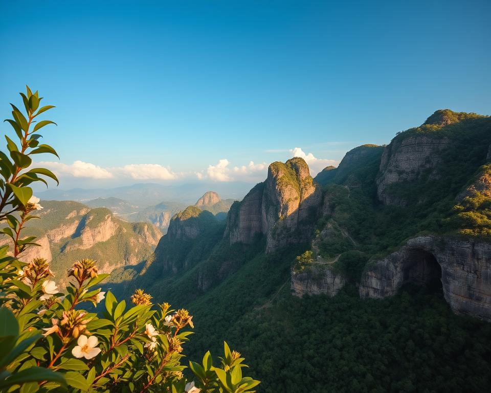 A breathtaking view of Tianmen Mountain, showcasing its iconic natural features. In the foreground, vibrant green foliage with delicate wildflowers partially frame the scene. The middle ground reveals the dramatic cliffs and winding paths leading up the mountain, accentuated by the famous Tianmen Cave, a natural arch. In the background, a clear blue sky with soft, fluffy clouds enhances the serene atmosphere. The lighting is warm and soft, reminiscent of golden hour, casting gentle shadows that add depth. Ideal capture with a wide-angle lens to encompass the vastness of the landscape. The mood is tranquil and inspiring, inviting viewers to appreciate the natural beauty and solitude of this stunning location, free from crowds and distractions.