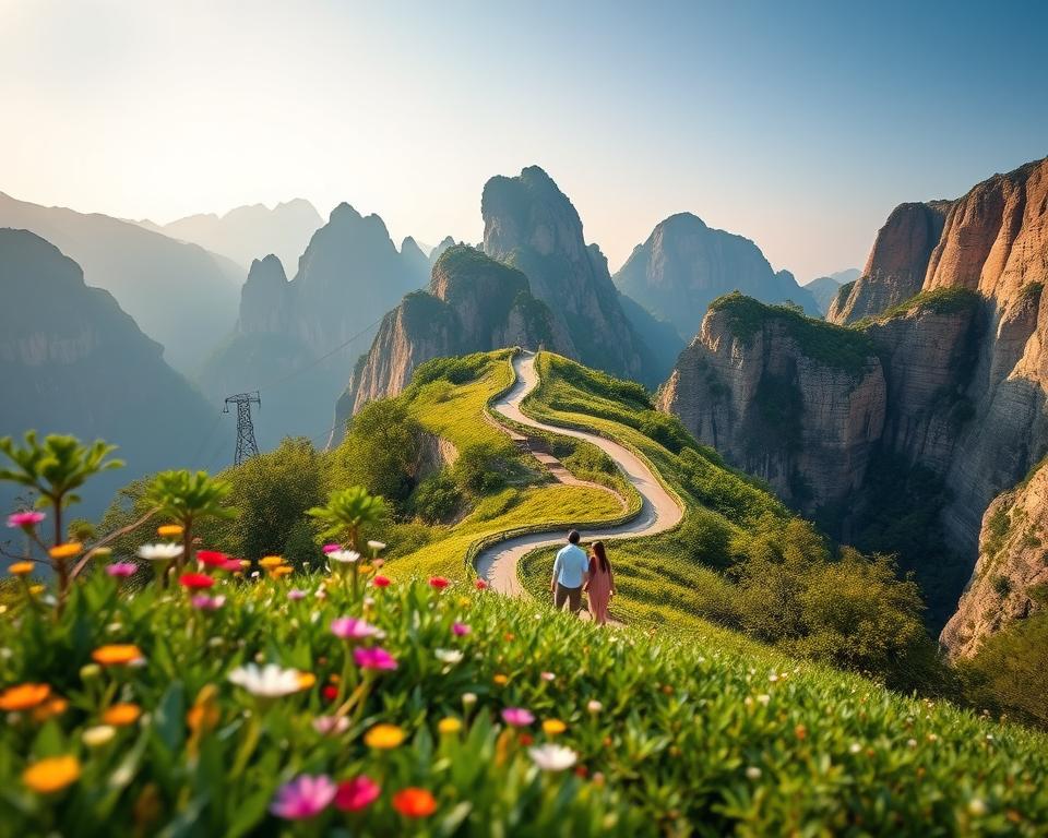 A breathtaking view of Tianmen Mountain, showcasing its lush greenery and dramatic cliffs. In the foreground, a serene landscape includes vibrant wildflowers and carefully maintained walking paths, symbolizing sustainable tourism. The middle ground features a winding pathway leading to the iconic Tianmen Cave, with couples in modest casual clothing walking respectfully. The background reveals towering rock formations under a clear blue sky, with soft, warm sunlight illuminating the scene, creating an inviting atmosphere. The mood is tranquil and inspiring, highlighting the beauty of nature and the importance of conservation. Capture this idyllic landscape from a low angle to emphasize the grandeur of the mountain and the commitment to responsible travel practices.