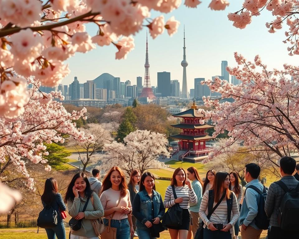 A breathtaking view of Tokyo during cherry blossom season, showcasing a vibrant park filled with blooming sakura trees in full bloom with soft pink flowers. In the foreground, a group of diverse travelers dressed in casual, stylish clothing, taking pictures and enjoying the beauty of the moment. The middle ground features traditional Japanese architecture, such as a pagoda, surrounded by serene green landscapes. In the background, the iconic Tokyo skyline, including the Tokyo Tower and modern skyscrapers, peeks through the delicate petals of the cherry blossoms. The scene is illuminated by warm, golden sunlight, creating a dreamy atmosphere that conveys excitement and tranquility. The angle is slightly elevated, capturing both the lush nature and the bustling city life.