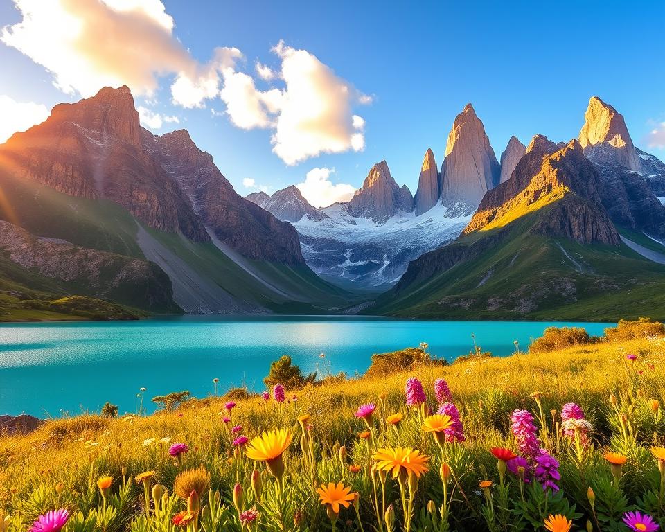 A breathtaking view of Torres del Paine National Park during the best travel season, showcasing its iconic granite peaks bathed in the warm, golden light of sunrise. In the foreground, vibrant wildflowers bloom in a lush meadow, adding splashes of color. The middle ground features a tranquil turquoise lake reflecting the majestic mountains, while the background highlights the towering spires of Torres del Paine against a clear blue sky, dotted with fluffy white clouds. The scene conveys a sense of serenity and adventure, inviting viewers to explore the stunning Patagonian wilderness. Use a wide-angle lens for a panoramic effect, emphasizing the grandeur of nature in this pristine landscape, with soft, natural lighting creating a peaceful atmosphere.