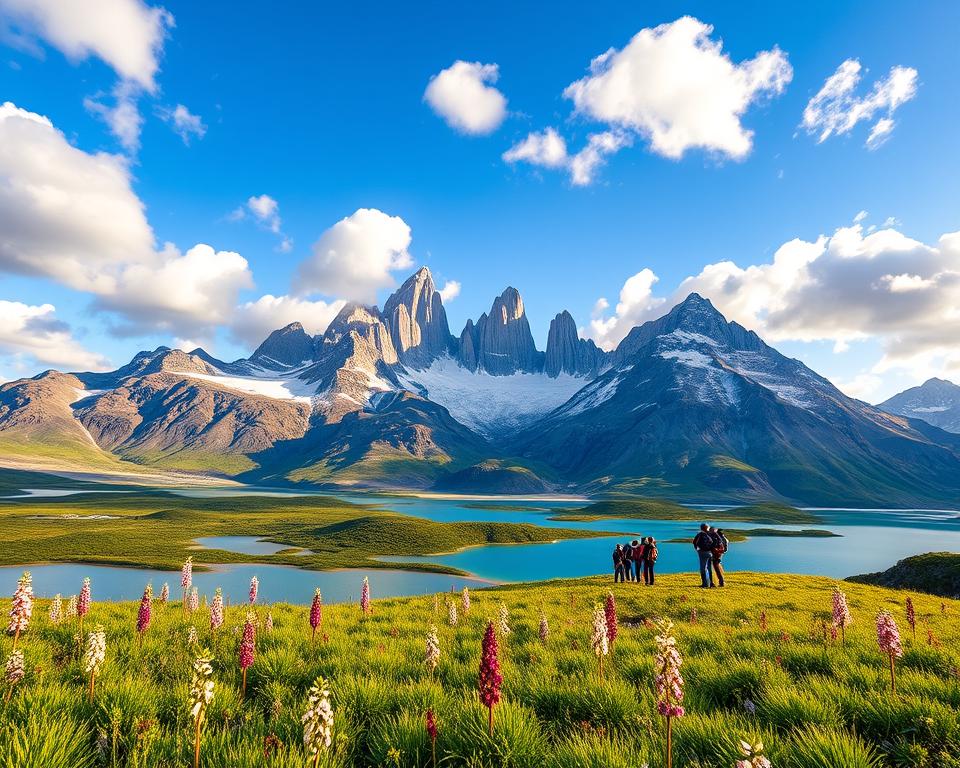A breathtaking view of Torres del Paine National Park, showcasing the iconic granite peaks of the Torres del Paine rising majestically in the background. In the foreground, a vibrant green meadow dotted with wildflowers sways gently under a clear blue sky. The middle ground features crystal-clear glacial lakes reflecting the stunning mountains, with a few scattered hikers in modest casual clothing admiring the scenery. The lighting captures the golden hour, bathing the landscape in warm hues, while dramatic clouds add depth and texture to the sky. The composition is framed from a low angle to emphasize the grandeur of the peaks, creating a sense of awe and adventure in this remote wilderness.
