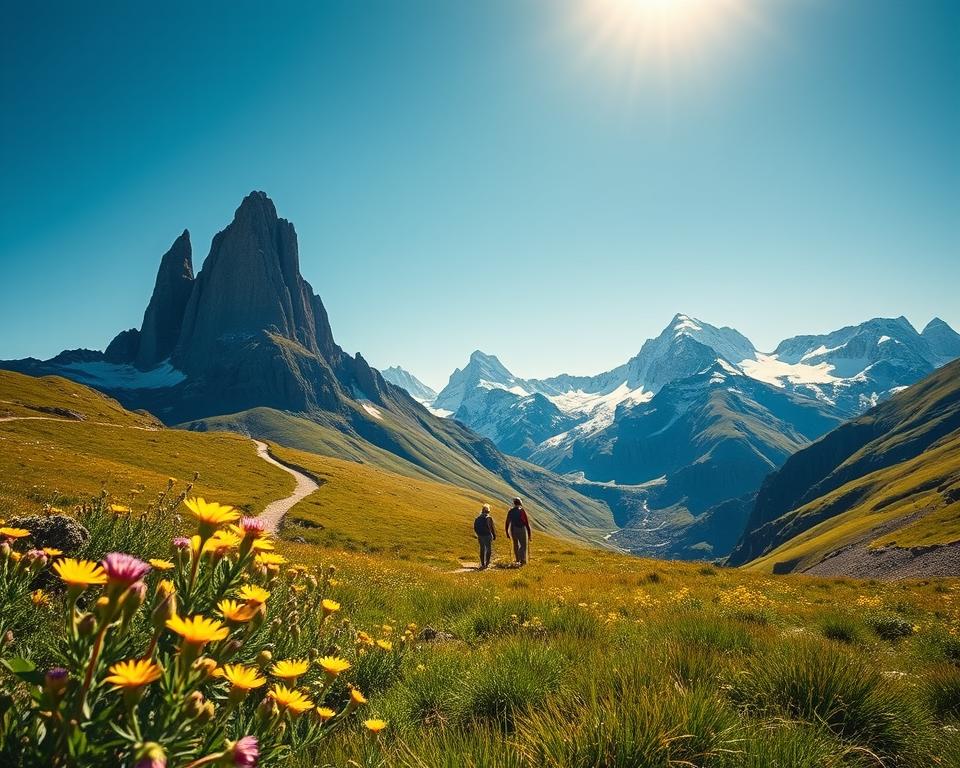 A breathtaking view of Torres del Paine, showcasing the iconic granite towers rising majestically against a clear blue sky. In the foreground, vibrant wildflowers in shades of yellow and purple dot the lush green landscape, inviting the viewer into the serene beauty of nature. The middle ground features a winding trail leading to the base of the towers, with hikers in modest clothing trekking towards the peaks, adding a sense of scale and adventure. In the background, snow-capped mountains loom under soft, golden sunlight, casting gentle shadows across the rugged terrain. The mood is one of tranquility and exploration, with a slight breeze suggested by the rippling grass, capturing the essence of this stunning national park.