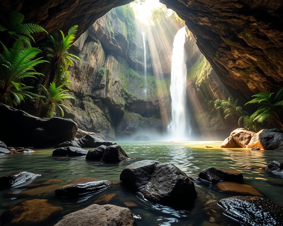 A breathtaking view of Tukad Cepung Waterfall in Bali, featuring its unique underground setting. In the foreground, glistening rocks soaked by cascading water create a natural pool, reflecting the surrounding lush greenery. The middle ground showcases the waterfall, veiling between tall, jagged cliffs adorned with ferns and moss, infused with tropical flora. In the background, sunlight filters through the narrow opening above, casting divine rays that illuminate the mist rising from the waterfall, creating a magical ambiance. The scene should evoke serenity and adventure, captured with a wide-angle lens to emphasize the waterfall’s grandeur, enhanced by soft diffused lighting that enriches the vibrant colors of nature. The overall atmosphere is tranquil yet awe-inspiring, inviting viewers to explore this hidden gem in Bali’s wilderness. A breathtaking view of Tukad Cepung Waterfall in Bali, featuring its unique underground setting. In the foreground, glistening rocks soaked by cascading water create a natural pool, reflecting the surrounding lush greenery. The middle ground showcases the waterfall, veiling between tall, jagged cliffs adorned with ferns and moss, infused with tropical flora. In the background, sunlight filters through the narrow opening above, casting divine rays that illuminate the mist rising from the waterfall, creating a magical ambiance. The scene should evoke serenity and adventure, captured with a wide-angle lens to emphasize the waterfall’s grandeur, enhanced by soft diffused lighting that enriches the vibrant colors of nature. The overall atmosphere is tranquil yet awe-inspiring, inviting viewers to explore this hidden gem in Bali’s wilderness.