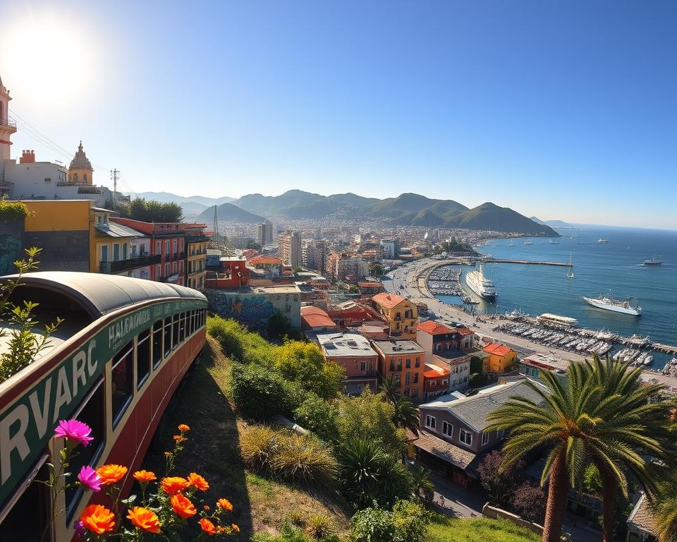 A breathtaking view of Valparaíso, Chile, capturing the colorful hillside houses and vibrant street art that adorn this coastal gem. In the foreground, include a vintage train transporting travelers, symbolizing the journey from Germany, amidst lush greenery and blooming flowers. The middle ground should feature the bustling harbor filled with ships and boats against the shimmering Pacific Ocean. In the background, dramatic hills rise under a clear blue sky, the sun casting warm golden light, enhancing the colors of the buildings. The scene should convey a sense of adventure and discovery, inviting viewers to explore this unique destination. Use a wide-angle lens to encapsulate the entire panoramic vista, while ensuring a bright, cheerful atmosphere.