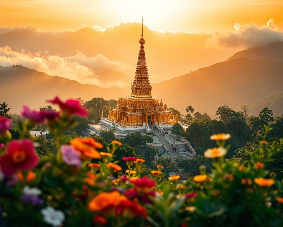 A breathtaking view of Wat Phra That Doi Suthep in Thailand during the ideal travel season, showcasing vibrant flora in the foreground with colorful flowers and lush greenery. The middle ground features the stunning golden chedi of the temple, glistening in the warm afternoon light, surrounded by intricate architectural details. In the background, the misty mountains create a serene atmosphere, partially veiled by soft clouds. The scene is illuminated by the gentle rays of the late afternoon sun, casting warm hues that enhance the tranquility. Capture this moment with a high-angle shot, utilizing a 50mm lens to focus clearly on the temple while gently blurring the foreground for depth. The overall mood is peaceful and inviting, encouraging exploration and reflection.