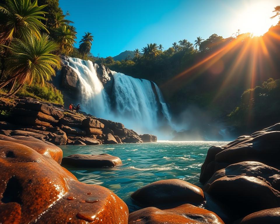 A breathtaking view of a cascading waterfall in Bali, surrounded by lush tropical vegetation. In the foreground, smooth rocks glisten with water droplets, leading to the base of the waterfall where the water forms a crystal-clear pool. In the middle ground, the powerful water plunges dramatically from high cliffs, sending up mist that catches the sunlight, creating a soft rainbow effect. The background features dense jungle foliage and distant mountains under a bright blue sky. The scene is illuminated by warm, golden sunlight filtering through the trees, enhancing the vibrant colors of nature. The atmosphere is serene and inviting, reflecting the beauty and tranquility of this iconic location while subtly emphasizing the importance of safety during waterfall visits. A breathtaking view of a cascading waterfall in Bali, surrounded by lush tropical vegetation. In the foreground, smooth rocks glisten with water droplets, leading to the base of the waterfall where the water forms a crystal-clear pool. In the middle ground, the powerful water plunges dramatically from high cliffs, sending up mist that catches the sunlight, creating a soft rainbow effect. The background features dense jungle foliage and distant mountains under a bright blue sky. The scene is illuminated by warm, golden sunlight filtering through the trees, enhancing the vibrant colors of nature. The atmosphere is serene and inviting, reflecting the beauty and tranquility of this iconic location while subtly emphasizing the importance of safety during waterfall visits.