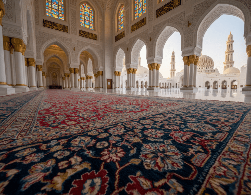 A breathtaking view of a grand Persian carpet spread elegantly across the marble floor of the Sultan Qaboos Mosque in Muscat. In the foreground, intricate patterns and vibrant colors of the carpet are captured in high detail, showcasing its artistry and craftsmanship. The middle ground features the expansive, majestic interior of the mosque, with towering arches and stunning Islamic calligraphy lining the walls. Soft, warm light streams through ornate stained-glass windows, illuminating the scene and creating a serene atmosphere. The background presents the mosque's impressive domes and minarets, adding depth and grandeur to the image. The composition is shot from a low angle, emphasizing the carpet and inviting viewers into this tranquil, sacred space. The mood is peaceful and reflective, conducive to a spiritual experience.
