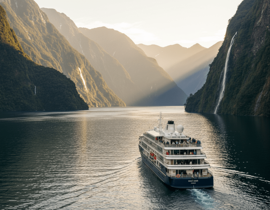 A breathtaking view of a luxury cruise ship gracefully navigating the serene waters of Doubtful Sound in New Zealand. In the foreground, the ship is shown gliding through crystal-clear waters, with passengers enjoying the scenic views. The middle ground captures the lush, green fjord cliffs rising majestically on either side, adorned with cascading waterfalls that glimmer in the sunlight. In the background, gentle mist veils the peaks of distant mountains, creating an ethereal atmosphere. The scene is illuminated by the soft, golden glow of late afternoon sunlight, enhancing the tranquil mood of this remote paradise. The image is photographed from a slightly elevated angle, providing an expansive view of the breathtaking landscape.