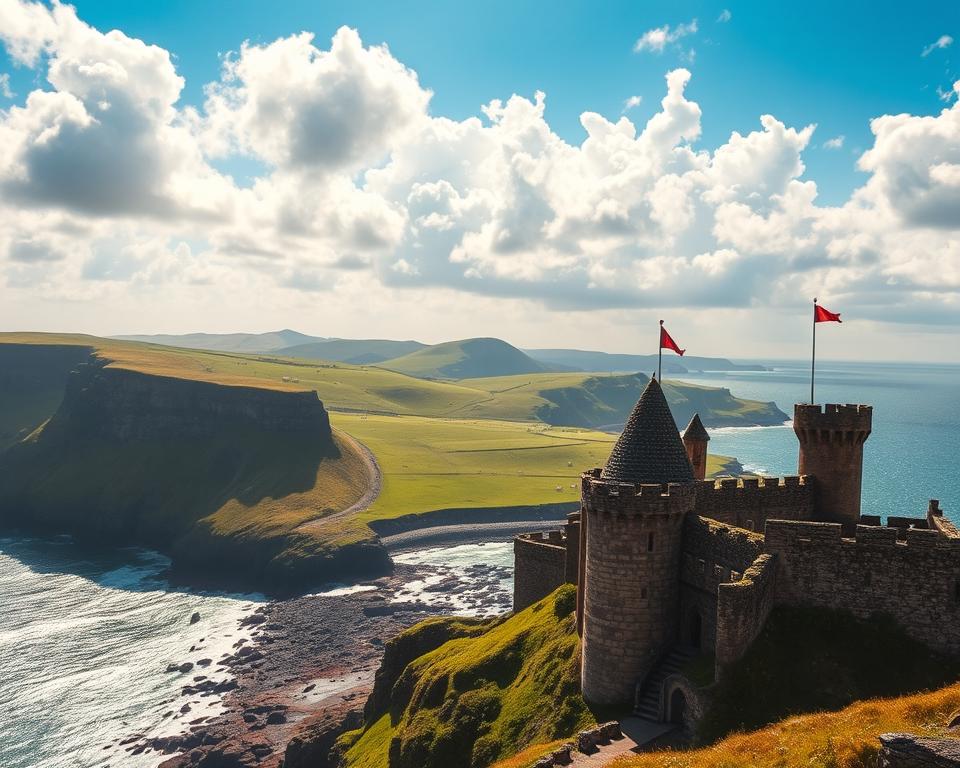 A breathtaking view of a picturesque Welsh coastline, capturing the magical essence of "Harry Potter" filming locations. In the foreground, there's a majestic stone castle, reminiscent of Hogwarts, with turrets and flags fluttering in the wind. The middle ground features rolling green hills under a vibrant blue sky with fluffy white clouds, dotted with grazing sheep. To the left, a dramatic cliff edge drops steeply into the sparkling Atlantic Ocean, where waves crash against the rocks. Soft, golden sunlight bathes the scene, enhancing the enchanting atmosphere. The composition is taken from a low angle, emphasizing the grandeur of the castle and the cliffs. The mood is mystical and adventurous, perfect for evoking the world of magic in Wales.