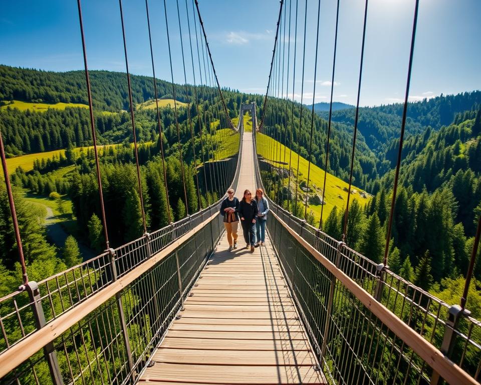 A breathtaking view of a suspension bridge in the Eifel region, showcasing its robust design and safety features. In the foreground, a sturdy wooden walkway stretches out, with safety railings on both sides. In the middle ground, a family of four, dressed in casual hiking attire, confidently traverses the bridge, demonstrating a sense of security and adventure. The background is filled with lush green hills and dense forests, under a bright blue sky. Soft sunlight filters through the trees, casting gentle shadows on the bridge, enhancing the scene’s warmth and inviting atmosphere. The angle captures the bridge's impressive height and length, emphasizing its stability and the thrill of crossing it.