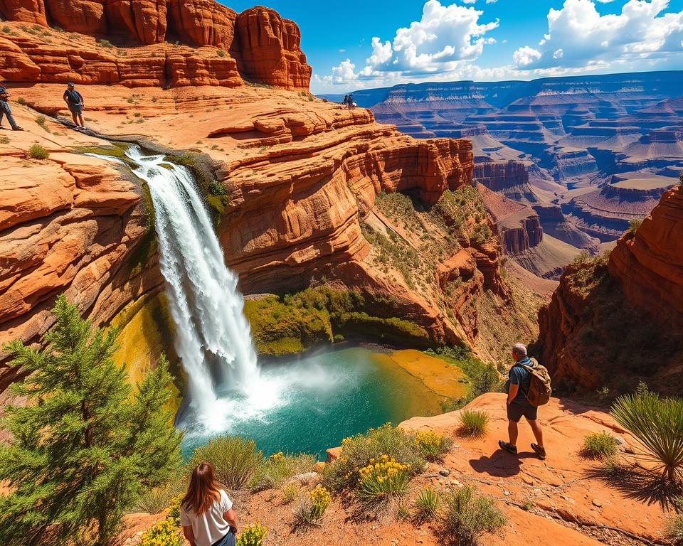 A breathtaking view of a waterfall cascading down the rugged cliffs of the Grand Canyon, surrounded by vibrant red and orange rock formations. In the foreground, a lush green oasis provides a contrast to the arid landscape, with wildflowers blooming. Hikers in modest casual attire explore the area, their awe reflecting the majestic beauty surrounding them. The middle ground features the waterfall splashing into a crystal-clear pool, with mist rising in the sunlight. In the background, the vast canyon stretches into the horizon, under a bright blue sky with fluffy white clouds. The lighting is warm and inviting, enhancing the sense of adventure and tranquility. The scene captures the spirit of exploration and the natural wonder of this iconic landscape, encouraging the viewer to immerse themselves in the experience. A breathtaking view of a waterfall cascading down the rugged cliffs of the Grand Canyon, surrounded by vibrant red and orange rock formations. In the foreground, a lush green oasis provides a contrast to the arid landscape, with wildflowers blooming. Hikers in modest casual attire explore the area, their awe reflecting the majestic beauty surrounding them. The middle ground features the waterfall splashing into a crystal-clear pool, with mist rising in the sunlight. In the background, the vast canyon stretches into the horizon, under a bright blue sky with fluffy white clouds. The lighting is warm and inviting, enhancing the sense of adventure and tranquility. The scene captures the spirit of exploration and the natural wonder of this iconic landscape, encouraging the viewer to immerse themselves in the experience.