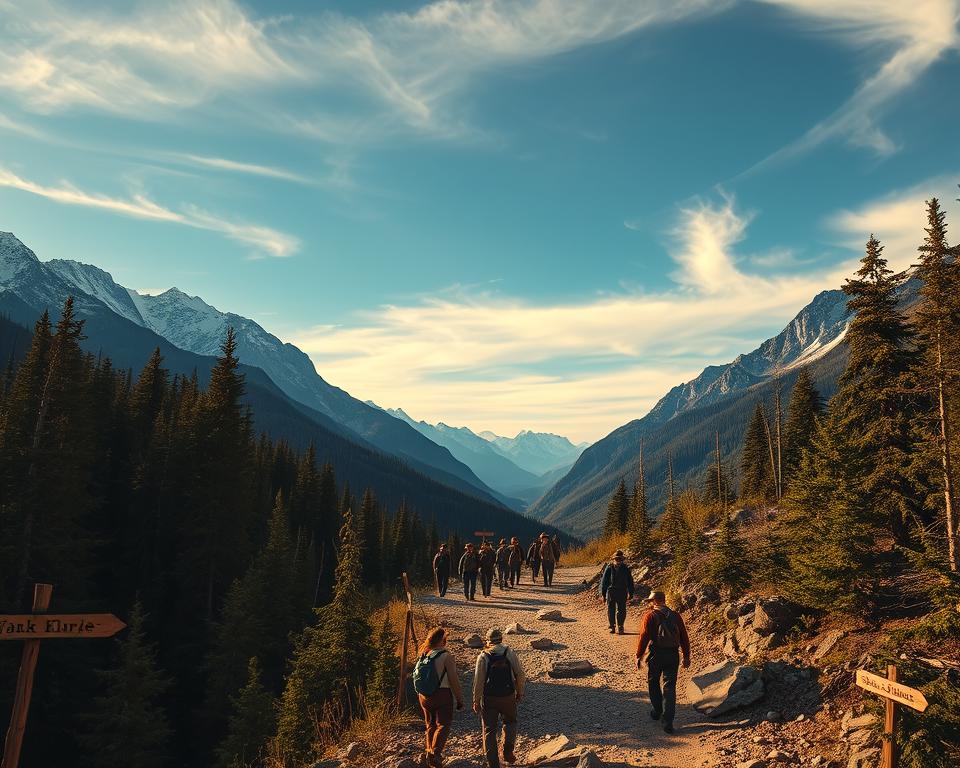A breathtaking view of adventurous travel routes leading to the Klondike during the Gold Rush era. In the foreground, a rugged, winding trail carved through a dense forest, with small wooden signs indicating directions. Mid-ground features groups of determined prospectors in modest, period-appropriate clothing, some with backpacks and tools, making their way along the trail, exuding a spirit of exploration and camaraderie. The background showcases towering, snow-capped mountains under a bright blue sky, with wisps of white clouds. The lighting is warm and inviting, capturing the golden hour, evoking a sense of hope and adventure. Use a cinematic perspective, as if viewing from slightly above the trail, to emphasize the grandeur of the landscape and the challenging journey ahead.