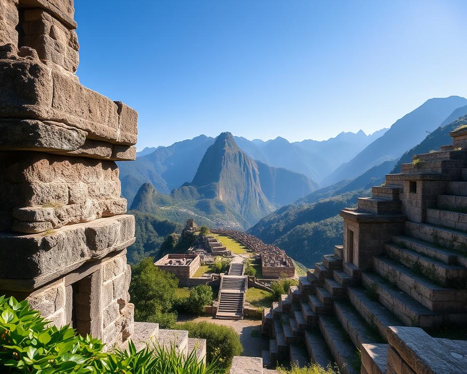 A breathtaking view of ancient Peruvian ruins, showcasing intricately designed stone architecture with ceremonial platforms and terraced levels. In the foreground, lush greenery frames the weathered stone blocks, highlighting the artistry and craftsmanship of the culture. The middle ground features a sweeping view of a valley, dotted with archaeological remnants that hint at a rich history. In the background, majestic mountains rise against a clear blue sky, lending a sense of grandeur to the scene. Soft, warm lighting casts gentle shadows, creating an inviting atmosphere. Shot from a low angle with a wide lens to emphasize the scale and significance of the ruins, evoking a sense of wonder and respect for the ancient civilization.