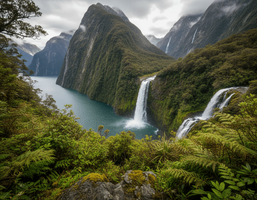 A breathtaking view of cascading waterfalls in Doubtful Sound, New Zealand, framed by lush, dense rainforest. In the foreground, vibrant green ferns and moss-covered rocks create a lively scene, while the middle ground features multiple waterfalls tumbling down steep cliffs, their waters sparkling in the dappled sunlight filtering through the trees above. In the background, dramatic fjord arms rise sharply, covered in rich, emerald foliage that contrasts beautifully with the turquoise water below. The atmosphere is serene and mystical, evoking a sense of tranquility and wonder. Capture this scene with a wide-angle lens, emphasizing the depth and scale of the landscape, under soft, natural lighting that enhances the colors and textures of the environment.