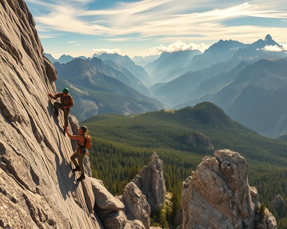 A breathtaking view of climbers ascending rugged granite cliffs in the Selkirk Mountains, capturing the essence of outdoor adventure. In the foreground, two climbers, dressed in sturdy yet modest climbing gear, are skillfully navigating the steep rock face, showcasing their determination. The middle ground features a lush green forest interspersed with rocky outcrops, illustrating the mountain's impressive terrain. The background reveals majestic peaks bathed in soft sunlight, with wisps of clouds drifting above. The scene is illuminated with warm, natural light, highlighting the textures of the rock and foliage. The overall atmosphere conveys exhilaration and awe, inviting viewers to experience the beauty and challenge of climbing in this stunning national park.
