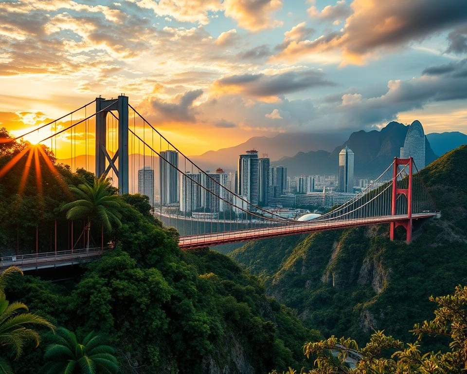 A breathtaking view of iconic Latin American bridges, showcasing the striking contrast between nature and urban life. In the foreground, a majestic suspension bridge with vibrant colors spans a deep gorge, with lush tropical foliage framing its base. In the middle ground, shimmering skyscrapers from a bustling mega-city rise against the skyline, their glass facades reflecting the golden hues of a setting sun. The background features towering mountains and a dramatic sky filled with colorful clouds, evoking a sense of awe and grandeur. The scene is bathed in warm, golden lighting, enhancing the serene yet dynamic atmosphere, and inviting the viewer to appreciate the harmony between these engineering marvels and their natural surroundings. No people are present in the image.