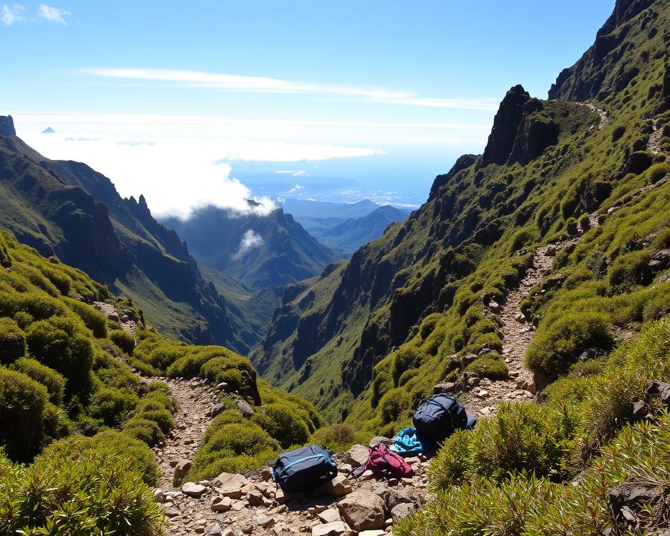 A breathtaking view of steep hiking trails in the Anaga mountain range, Tenerife, showcasing challenging paths and deep ravines. The foreground features a rugged, rocky trail winding through lush green vegetation, ideal for adventurous hikers. In the middle ground, craggy cliffs and steep slopes create a dramatic contrast, revealing narrow passages and scenic viewpoints. The background captures a panoramic vista of the mountain range, with clouds mingling with the peaks under a bright blue sky. Soft, natural lighting highlights the textures of the rocks and foliage, enhancing the vibrant colors of the landscape. The atmosphere is adventurous and invigorating, inviting exploration and a deep connection with nature. The shot is taken at a slightly elevated angle to emphasize the depth of the trails.