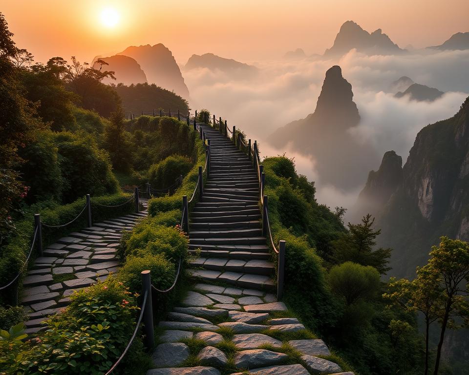 A breathtaking view of the 999 steps leading up Tianmen Mountain, showcasing the dramatic mountain landscape. In the foreground, a winding stone path with an array of lush, green foliage flanking either side. The middle ground features the 999 stone steps, gracefully ascending into the misty sky, emphasizing the challenge of the climb. The steps should have a textured look, with some moss and small flowers peeking through, adding a sense of natural beauty. In the background, majestic cliffs and peaks loom under a soft, golden sunset, casting warm light over the scene, creating an inviting yet daunting atmosphere. The overall mood should convey a sense of adventure and wonder, with a slightly mystical quality to the fog hovering around the mountaintops.