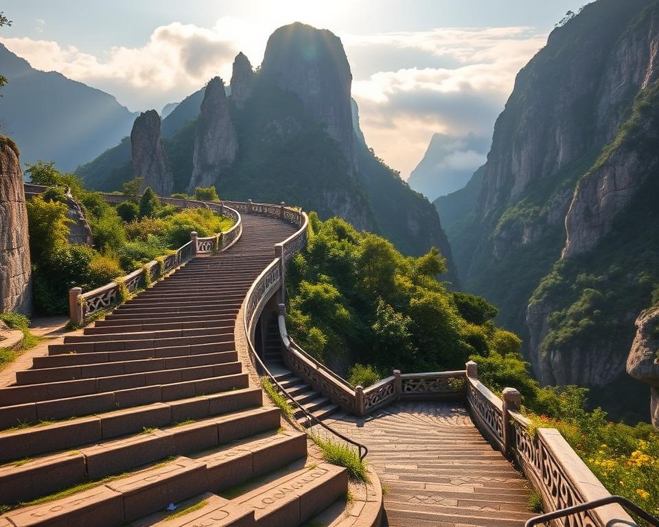A breathtaking view of the 999 steps leading up to Tianmen Mountain, capturing the essence of the spiritual journey. In the foreground, a winding staircase with intricately carved stone steps illuminated by soft morning light, giving a warm golden glow. In the middle ground, lush greenery and vibrant wildflowers lining the path, creating a sense of tranquility. The majestic Tianmen Cave, framed by towering cliffs, dominates the background, with clouds gently floating around its peak, enhancing the mystical atmosphere. The image should reflect a sense of awe and adventure, inviting viewers to embark on this transformative ascent, captured with a wide-angle lens that emphasizes the grandeur of the landscape.