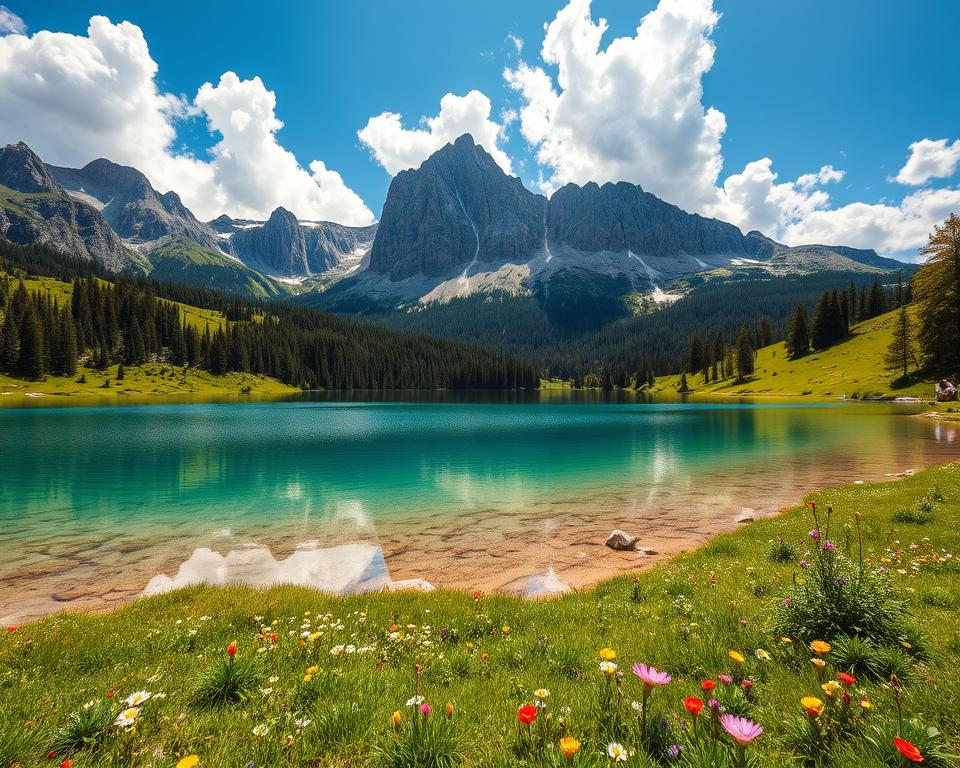 A breathtaking view of the Albanian Alps during the summer, showcasing the unique mountain climate. In the foreground, a pristine crystal-clear alpine lake reflects the surrounding peaks. Lush, green meadows dotted with vibrant wildflowers add a splash of color. The middle ground features rugged, towering limestone peaks, some capped with patches of snow, surrounded by forests of coniferous trees. In the background, dramatic clouds drift across the blue sky, casting soft shadows on the landscape. The sunlight bathes the scene in a warm, golden glow, emphasizing the alpine serenity. Capture this from a slightly elevated angle to highlight the depth and vastness of the landscape while maintaining a sense of tranquility. The overall mood should evoke the majestic beauty of nature, perfect for illustrating the mountain climate of the Albanian Alps. A breathtaking view of the Albanian Alps during the summer, showcasing the unique mountain climate. In the foreground, a pristine crystal-clear alpine lake reflects the surrounding peaks. Lush, green meadows dotted with vibrant wildflowers add a splash of color. The middle ground features rugged, towering limestone peaks, some capped with patches of snow, surrounded by forests of coniferous trees. In the background, dramatic clouds drift across the blue sky, casting soft shadows on the landscape. The sunlight bathes the scene in a warm, golden glow, emphasizing the alpine serenity. Capture this from a slightly elevated angle to highlight the depth and vastness of the landscape while maintaining a sense of tranquility. The overall mood should evoke the majestic beauty of nature, perfect for illustrating the mountain climate of the Albanian Alps.