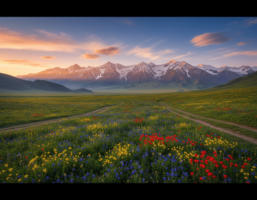 A breathtaking view of the Almaty mountains at sunrise, showcasing the majestic peaks dusted with pockets of snow. In the foreground, a lush green valley dotted with vibrant wildflowers, reflecting the rich biodiversity of Kazakhstan's nature. The middle ground features winding hiking trails that lead towards the towering mountains, inviting adventure. The background is dominated by the rugged mountain range under a clear blue sky, with soft clouds catching the golden light of the rising sun, creating a warm and inviting atmosphere. The image captures a sense of tranquility and profound natural beauty, inviting viewers to explore the enchanting landscapes around Almaty. The scene is illuminated by soft, natural light, enhancing the vivid colors of the landscape, taken from a slightly elevated angle to encapsulate the grandeur of the setting.