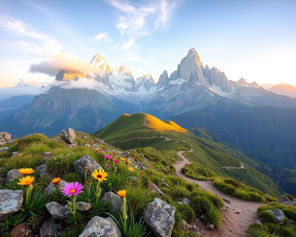 A breathtaking view of the Andean National Park, showcasing a diverse mountainous landscape in South America. In the foreground, a series of vibrant wildflowers add color to the rocky terrain, while a winding trail leads through lush greenery. In the middle ground, majestic, towering peaks rise dramatically, partially shrouded in wispy clouds. The background features a bright sky at dawn, with soft golden light illuminating the mountain tops, creating a serene and inviting atmosphere. The scene emphasizes the importance of nature conservation and the need for permits in these protected parks. The image should be captured with a wide-angle lens to enhance the grandeur of the landscape and convey a sense of exploration and adventure.