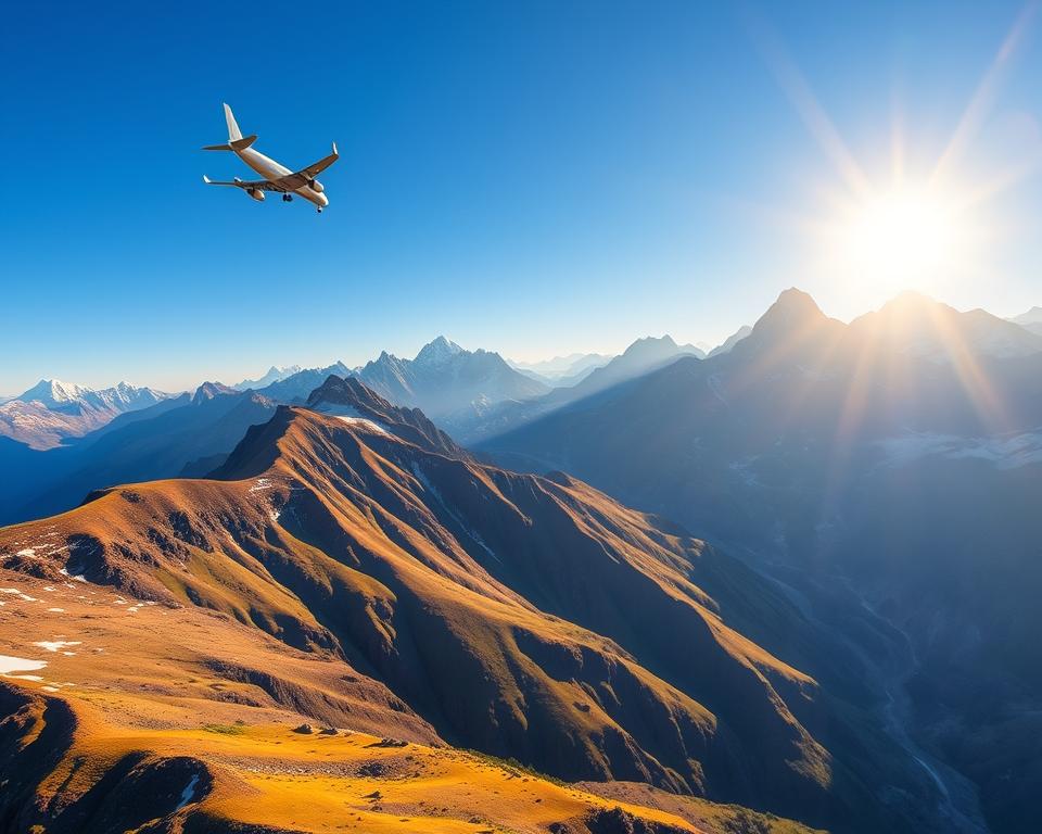 A breathtaking view of the Andes mountains in South America, showcasing majestic peaks and stunning landscapes. In the foreground, a sleek airplane is soaring across a clear blue sky, symbolizing the journey from Germany to these high altitudes. The middle ground features rugged mountain slopes adorned with patches of green vegetation and snow caps, creating a vivid contrast. In the background, a bright sun sets behind the mountains, casting a warm golden glow and long shadows, enhancing the dramatic scenery. The atmosphere is one of adventure and exploration, inviting viewers to imagine the logistics of traveling through these magnificent terrains. The scene is captured with a wide-angle lens, showcasing the grandeur of the Andes while maintaining a sense of scale and depth.