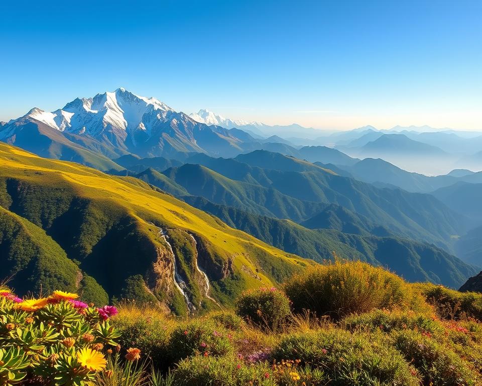 A breathtaking view of the Andes mountains in northern Ecuador, bordering Colombia, showcasing the majestic peaks blanketed in lush greenery and patches of snow. In the foreground, vibrant flora including alpine flowers and hardy shrubs depict the region's unique biodiversity. The middle ground features steep mountain slopes and rocky outcrops, with cascading waterfalls reflecting sunlight. In the background, distant jagged mountains create a dramatic skyline under a clear blue sky. The scene is illuminated by warm, golden hour light, enhancing the natural colors and textures of the landscape. The atmosphere conveys tranquility and awe, inviting exploration of South America's high mountain regions. The image captures the raw beauty and grandeur of the Andean landscape, perfect for a captivating illustration.