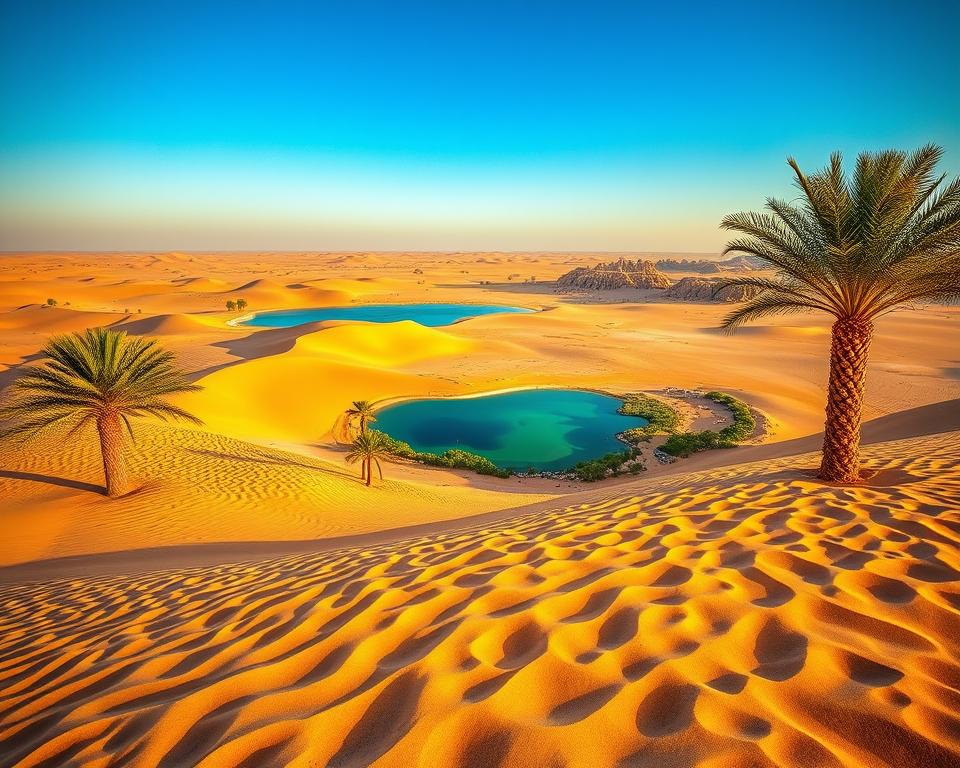 A breathtaking view of the Arabian Desert, showcasing the expansive Rub al-Chali and the mesmerizing Wahiba Sands. In the foreground, undulating golden sand dunes with intricate patterns shaped by the wind, a few lush palm trees providing contrast. The middle ground highlights a tranquil oasis, with crystal-clear water reflecting the vibrant blue sky. In the background, vast stretches of endless dunes rise and mingle with distant rocky outcrops, hinting at the ancient landscape's mysteries. The scene is illuminated by the warm glow of sunset, casting long shadows and enhancing the rich hues of orange and gold in the sand. Capture the serene and majestic atmosphere, evoking a sense of exploration and wonder in this remote wilderness. Use a wide-angle lens to emphasize the vastness and depth of the desert.