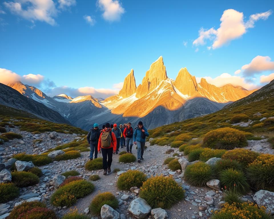 A breathtaking view of the Base Torres hiking trail in Torres del Paine National Park, Chile. In the foreground, a diverse group of hikers in modest outdoor attire is traversing a rocky path lined with patches of vibrant green vegetation and wildflowers. The middle ground features towering granite spires of the iconic Torres del Paine, bathed in warm, golden sunlight of the late afternoon. The background reveals a brilliant blue sky with soft, fluffy clouds drifting lazily. The lighting is natural, enhancing the rugged beauty of the landscape. The atmosphere is serene and adventurous, inviting the viewer into the majestic wilderness of one of Chile's most renowned national parks. Capture this scene from a slightly elevated angle to emphasize the grandeur of the mountains and the hikers' journey.