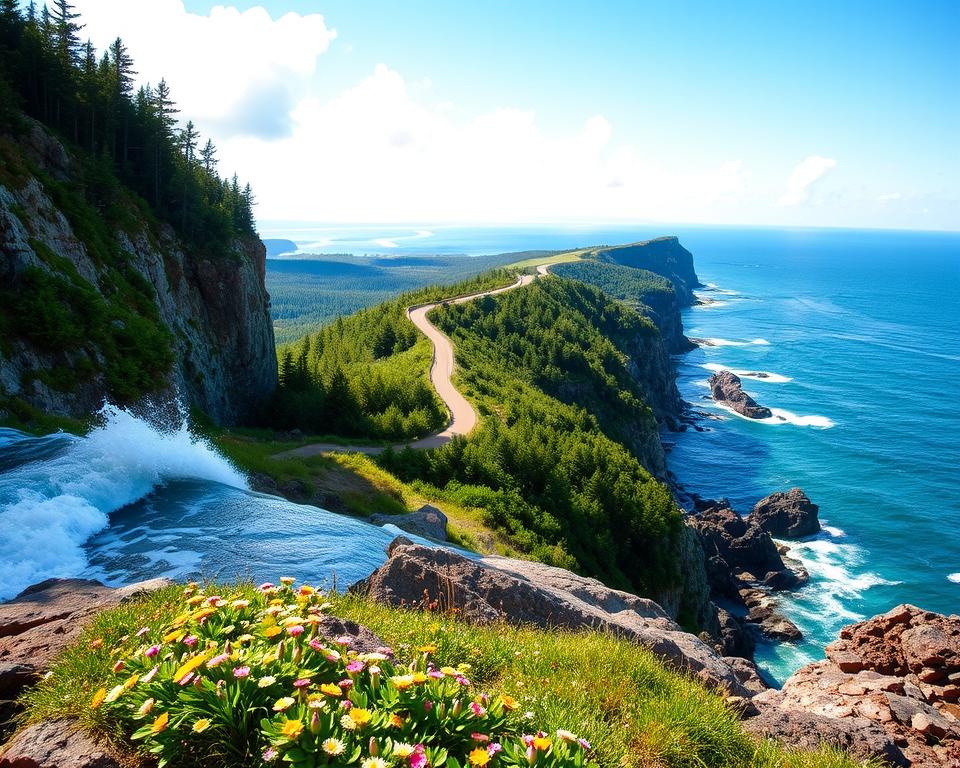 A breathtaking view of the Bay of Fundy National Parks in Canada, showcasing dramatic coastal cliffs and lush green forests. In the foreground, a vibrant patch of wildflowers dots the rocky shoreline, while a gentle wave crashes against the rocks. The middle section features a winding hiking trail that leads to a viewpoint, where hikers can take in the stunning scene. In the background, the iconic tides of the Bay of Fundy are visible, with the water reflecting shades of blue and turquoise under a bright, sunny sky. Soft, fluffy clouds add depth to the atmosphere. The lighting is bright and natural, casting warm highlights and soft shadows. The image conveys a sense of adventure, serenity, and the raw beauty of nature. A breathtaking view of the Bay of Fundy National Parks in Canada, showcasing dramatic coastal cliffs and lush green forests. In the foreground, a vibrant patch of wildflowers dots the rocky shoreline, while a gentle wave crashes against the rocks. The middle section features a winding hiking trail that leads to a viewpoint, where hikers can take in the stunning scene. In the background, the iconic tides of the Bay of Fundy are visible, with the water reflecting shades of blue and turquoise under a bright, sunny sky. Soft, fluffy clouds add depth to the atmosphere. The lighting is bright and natural, casting warm highlights and soft shadows. The image conveys a sense of adventure, serenity, and the raw beauty of nature.
