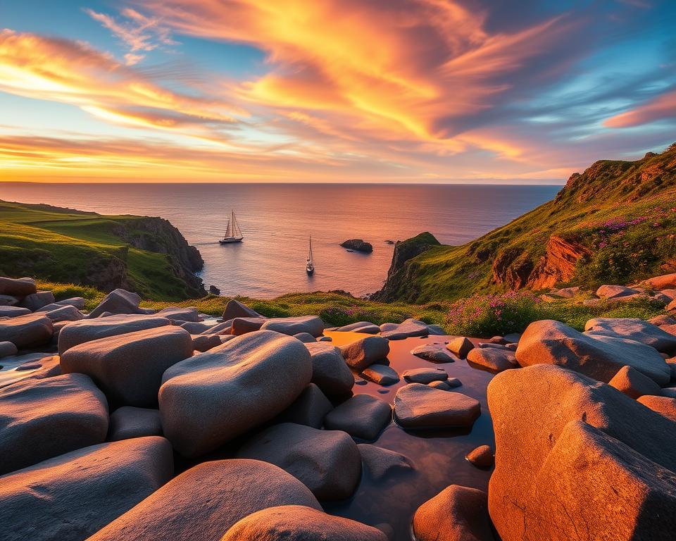 A breathtaking view of the Bay of Fundy in Canada during the peak travel season, showcasing the dramatic tides and vibrant coastal scenery. In the foreground, smooth rocks and tidal pools glisten under the warm light of golden hour, reflecting the rich hues of the sunset. In the middle ground, a serene scene of lush green cliffs dotted with vibrant wildflowers, illustrating the area's natural beauty. In the background, the expansive bay stretches out, with sailboats gently bobbing on the water, and a dramatic sky filled with wispy clouds painted in shades of pink, orange, and purple. The image conveys a peaceful, awe-inspiring atmosphere, inviting exploration and appreciation of this unique region. Use a wide-angle lens to capture the expansive landscape and ensure soft, natural lighting for an inviting feel. A breathtaking view of the Bay of Fundy in Canada during the peak travel season, showcasing the dramatic tides and vibrant coastal scenery. In the foreground, smooth rocks and tidal pools glisten under the warm light of golden hour, reflecting the rich hues of the sunset. In the middle ground, a serene scene of lush green cliffs dotted with vibrant wildflowers, illustrating the area's natural beauty. In the background, the expansive bay stretches out, with sailboats gently bobbing on the water, and a dramatic sky filled with wispy clouds painted in shades of pink, orange, and purple. The image conveys a peaceful, awe-inspiring atmosphere, inviting exploration and appreciation of this unique region. Use a wide-angle lens to capture the expansive landscape and ensure soft, natural lighting for an inviting feel.