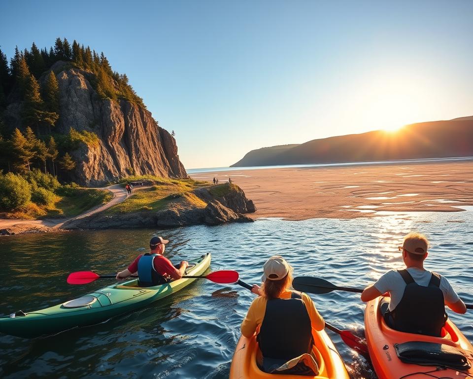 A breathtaking view of the Bay of Fundy in Canada, showcasing vibrant outdoor activities. In the foreground, a family dressed in modest casual clothing enjoys kayaking, paddling peacefully on the shimmering water. The middle ground features tall, rugged cliffs with lush greenery, where hikers can be seen exploring scenic trails. In the background, the dramatic tidal changes reveal a vast stretch of exposed ocean floor, dotted with tidal pools. The sky is clear, with a warm golden sunset illuminating the scene, casting a soft glow over the water and landscapes. Capture the essence of adventure and family bonding amidst nature's beauty, using a wide-angle lens to emphasize the grandeur of the bay’s natural features. A breathtaking view of the Bay of Fundy in Canada, showcasing vibrant outdoor activities. In the foreground, a family dressed in modest casual clothing enjoys kayaking, paddling peacefully on the shimmering water. The middle ground features tall, rugged cliffs with lush greenery, where hikers can be seen exploring scenic trails. In the background, the dramatic tidal changes reveal a vast stretch of exposed ocean floor, dotted with tidal pools. The sky is clear, with a warm golden sunset illuminating the scene, casting a soft glow over the water and landscapes. Capture the essence of adventure and family bonding amidst nature's beauty, using a wide-angle lens to emphasize the grandeur of the bay’s natural features.