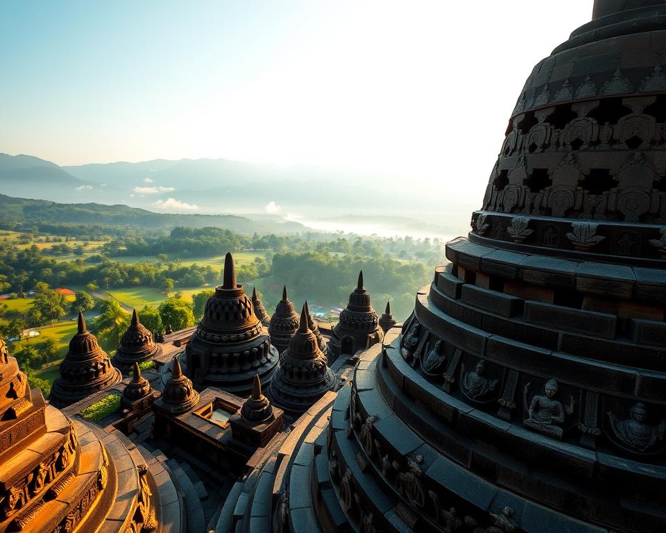 A breathtaking view of the Borobudur Temple in Indonesia, showcasing its intricate stone carvings and tiered structure. In the foreground, depict the temple's detailed bas-reliefs featuring Buddhist motifs, illuminated by soft, early morning light. The middle ground should highlight the pyramid-like arrangement of the temple's nine stacked platforms, adorned with multiple stupas, each with a unique design. In the background, include the lush tropical landscape with rolling hills and distant mountains, partially shrouded in mist, creating a serene atmosphere. Capture the scene from a slightly elevated angle to emphasize the temple's grandeur. The overall mood should convey tranquility and spiritual significance, reflecting the architectural importance of Borobudur.