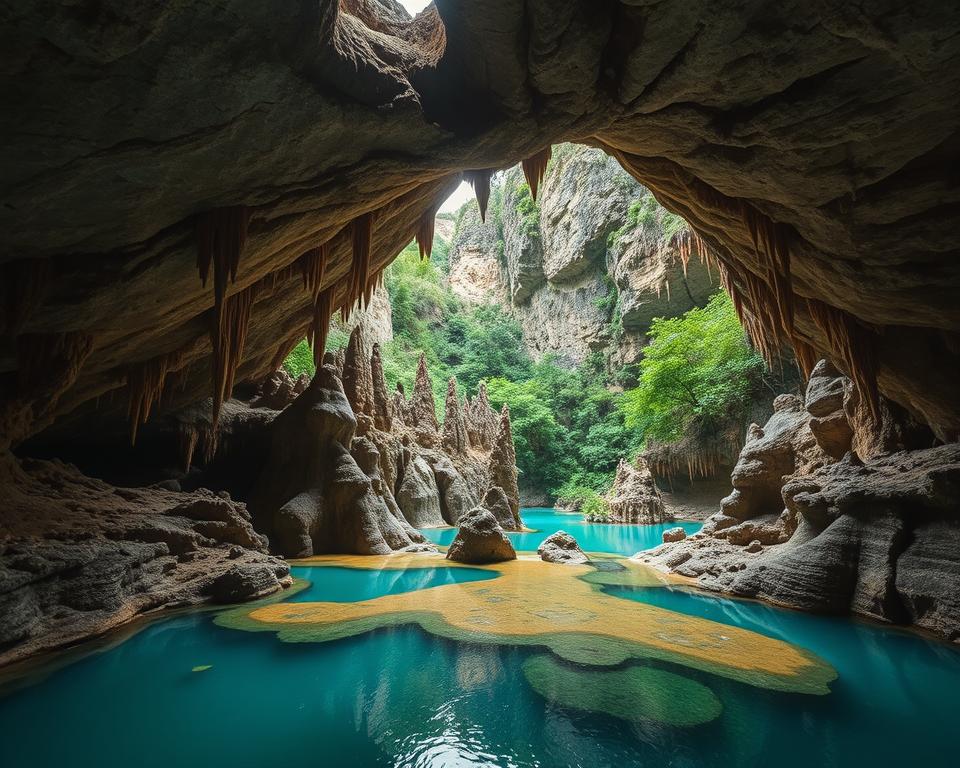 A breathtaking view of the Chapada Diamantina caves in Brazil, showcasing intricate rock formations and stunning underground water features. In the foreground, clear turquoise pools reflect the ambient light filtering through natural openings in the cave ceiling. The middle ground presents dramatic stalactites and stalagmites, crafted by centuries of geological processes. In the background, towering cliffs and lush subterranean greenery create a striking contrast against the cave's earthy tones. The scene is illuminated by soft, diffused lighting that enhances the mysterious and serene atmosphere, evoking a sense of wonder. A wide-angle view captures the vastness of the cave system, inviting viewers to explore the hidden natural wonders beneath the surface.