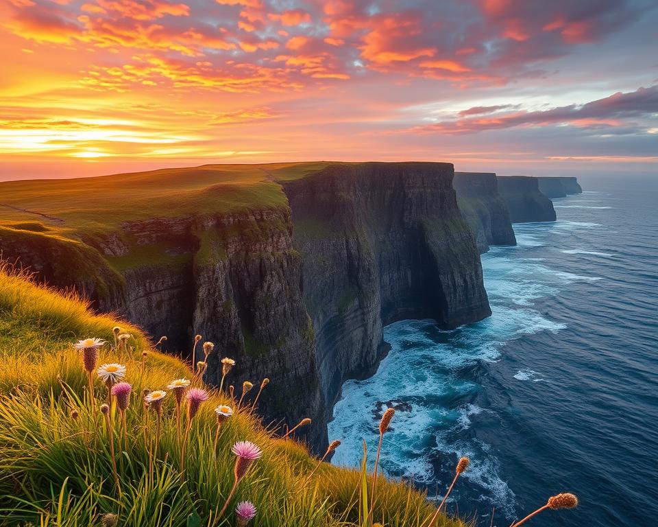 A breathtaking view of the Cliffs of Moher during a vibrant sunset, showcasing towering cliffs draped in lush green grass, cascading down into the turbulent Atlantic Ocean below. In the foreground, wildflowers dot the edge, swaying gently in a soft breeze. The middle ground features the dramatic cliffs, with their rugged textures and sharp formations, while the background captures a colorful sky filled with rich oranges, purples, and deep blues as the sun sets on the horizon. The scene conveys a sense of adventure and tranquility, perfect for families exploring nature together. The lighting should be soft and warm, creating a magical ambiance, as if inviting viewers to experience this stunning landscape firsthand.
